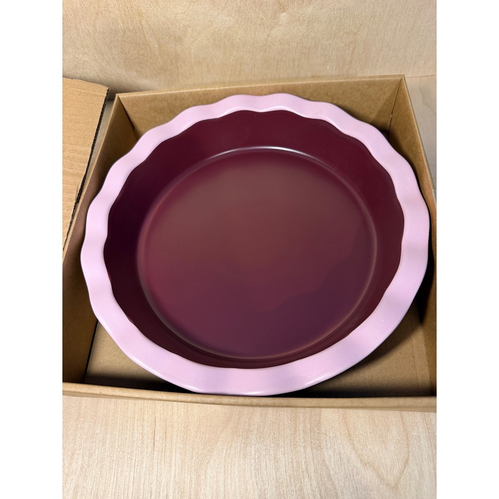 Noon & Moon 9 Inch Ceramic Pie Dish Cherry Lacquer Scalloped Pink Burgundy New - Picture 2 of 3